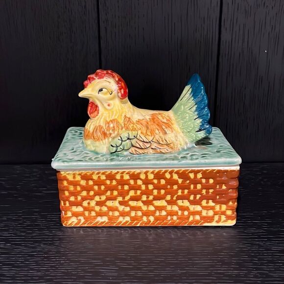 Other - Vintage Ceramic  Hen 1960's empty trinket box. Pretty hen on a basket.
